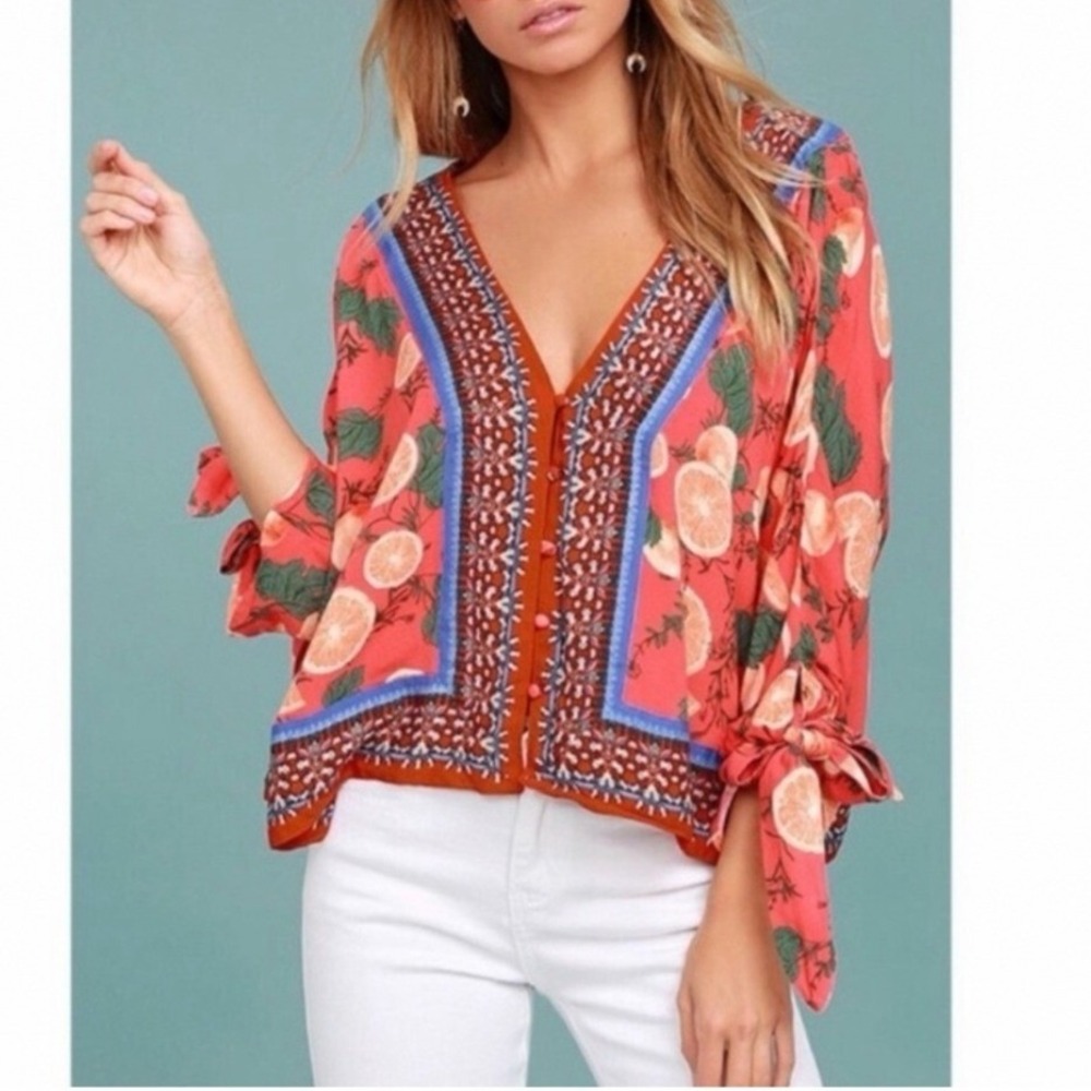 Free People Freshly Squeezed Top Women L Coral Orange Fruit Print Boho V-Neck